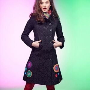 Desigual Black Embroidered A-Line Coat with Colorful Circle Accents